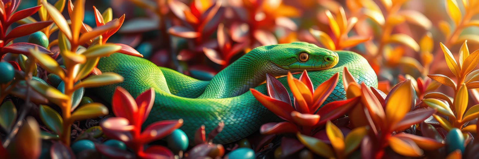 Colorful green snake resting among vibrant succulent plants in a warm light environment